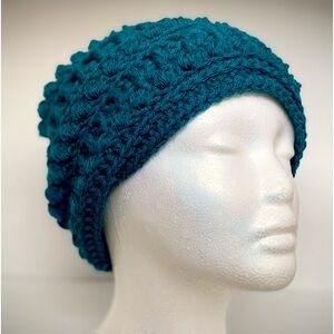 Hand crafted, crocheted, deep teal green slouchy beanie hat